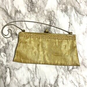 Vintage 80s Gold Beaded Evening Kiss Clasp Clutch Purse